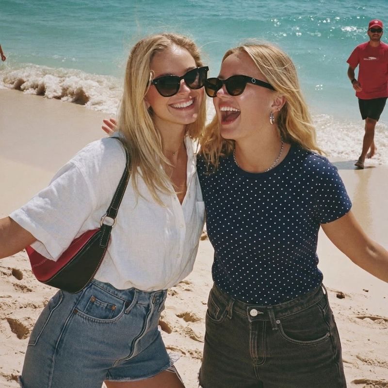 Original photo: two friends on a beach with a passer-by behind them