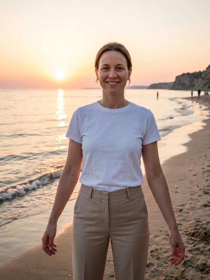 The same woman on a beach at sunset