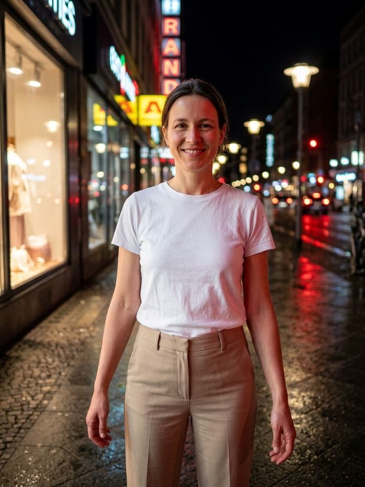 The same woman on a city street at night