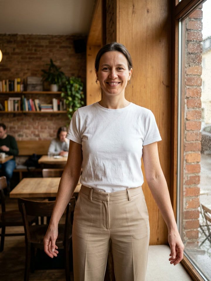 The same woman in a cafe with wooden interiors