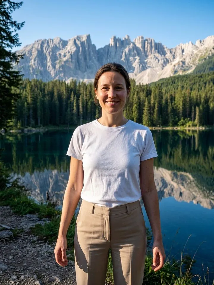 Edited: the same woman by a mountain lake
