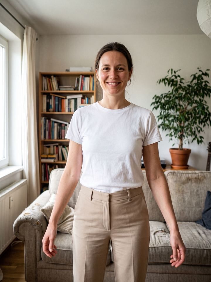 Original photo: a woman in a white T-shirt in her living room