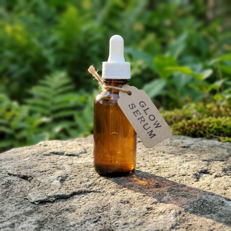 The bottle on a stone surface with green foliage behind