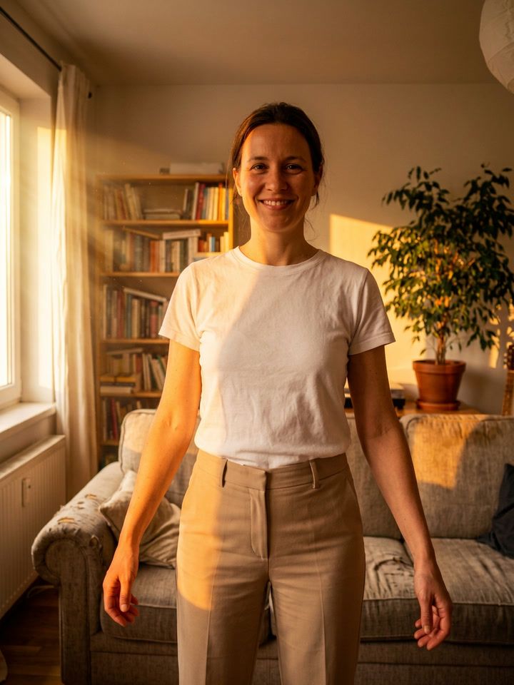 The same room in warm golden evening light