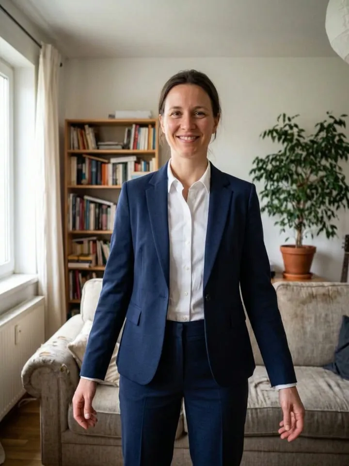 Edited: the same woman in a navy suit and white shirt