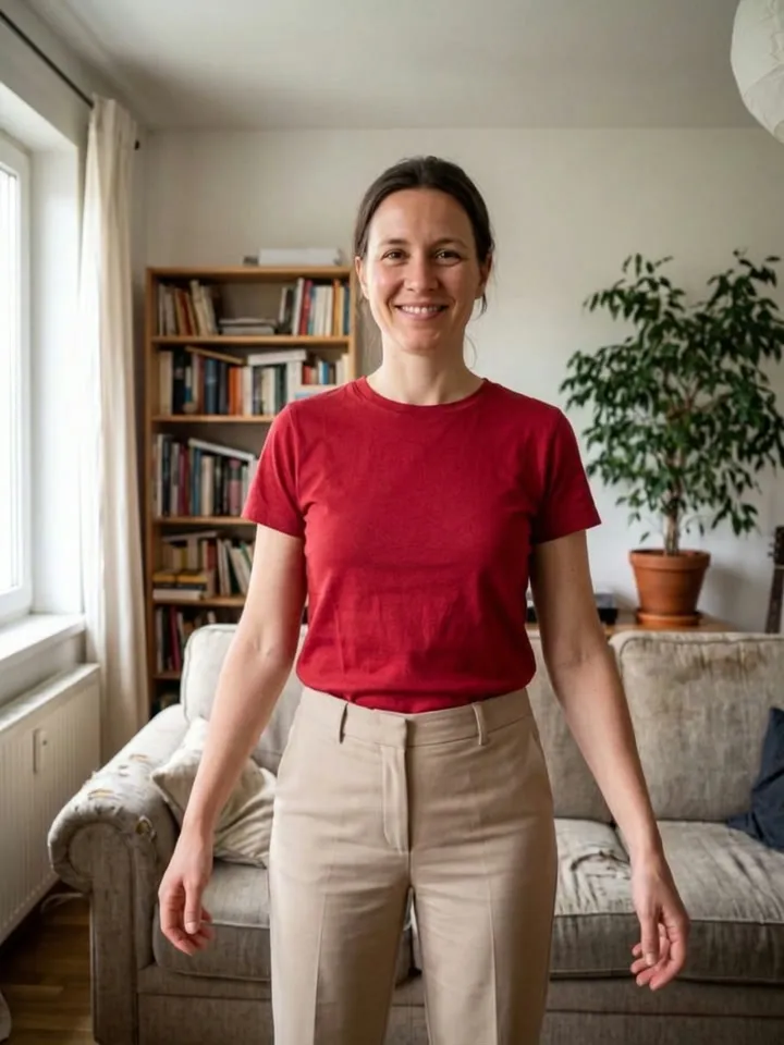 Edited: the same woman, her T-shirt now red